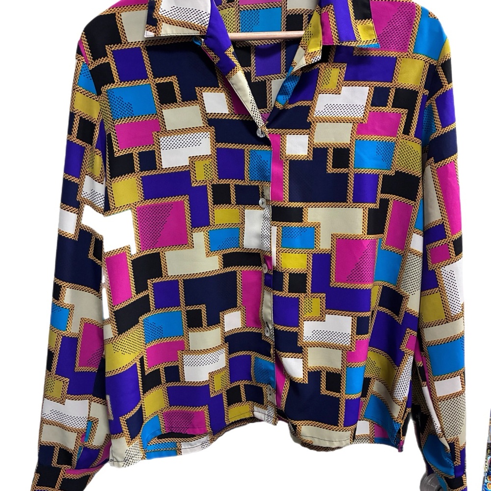 Impressions Multi-Color Geometric Button-Front Bl… - image 1